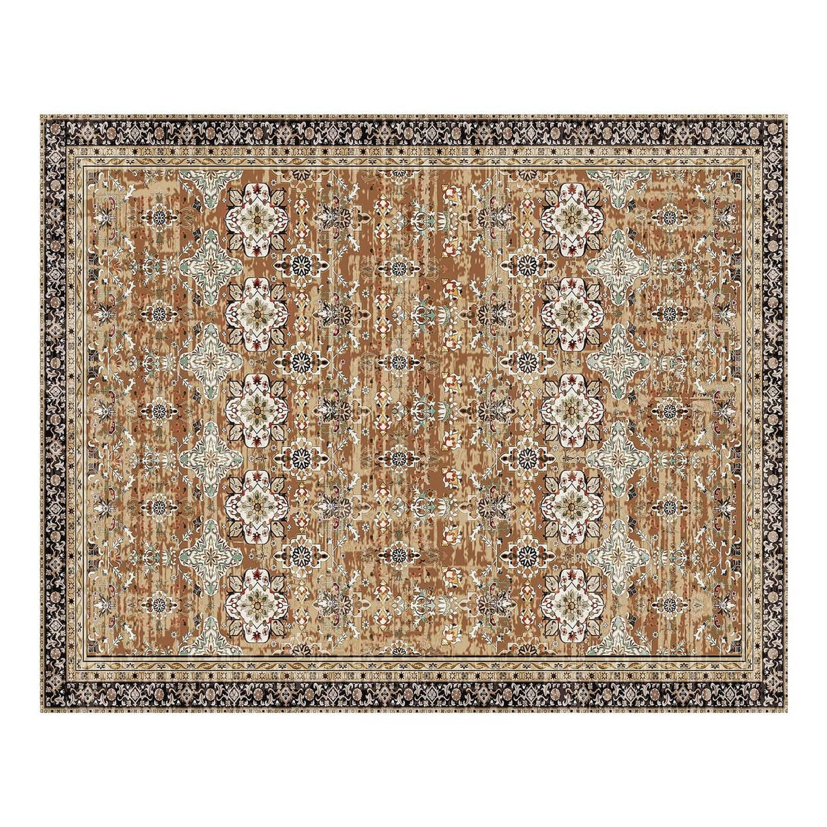 Close-up of vintage area rug with ornate floral medallions and tan, cream, and dark trim