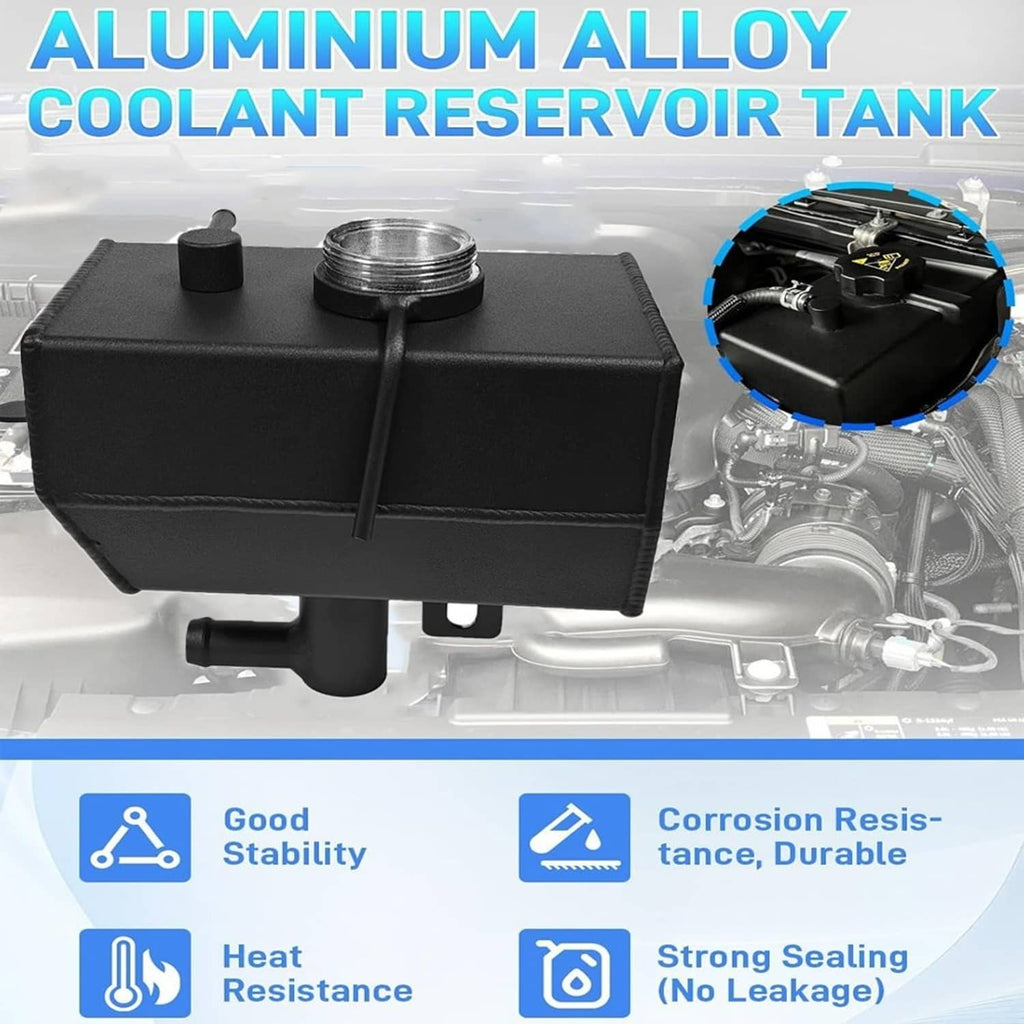 Black coolant reservoir tank with threaded inlet and integrated mounting tab