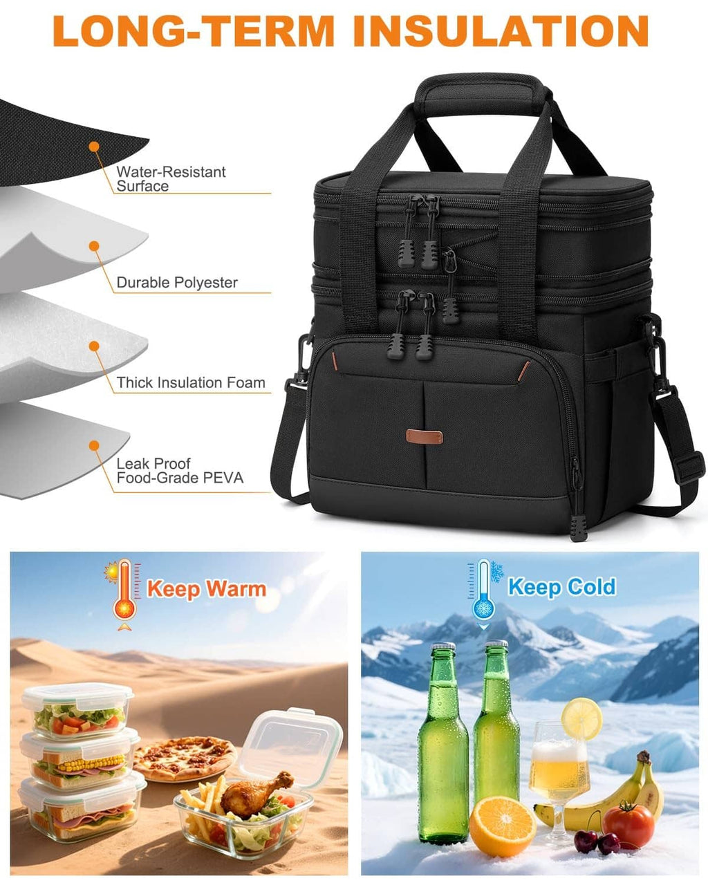 Black insulated lunch box with top handle and front zip pockets, durable build.