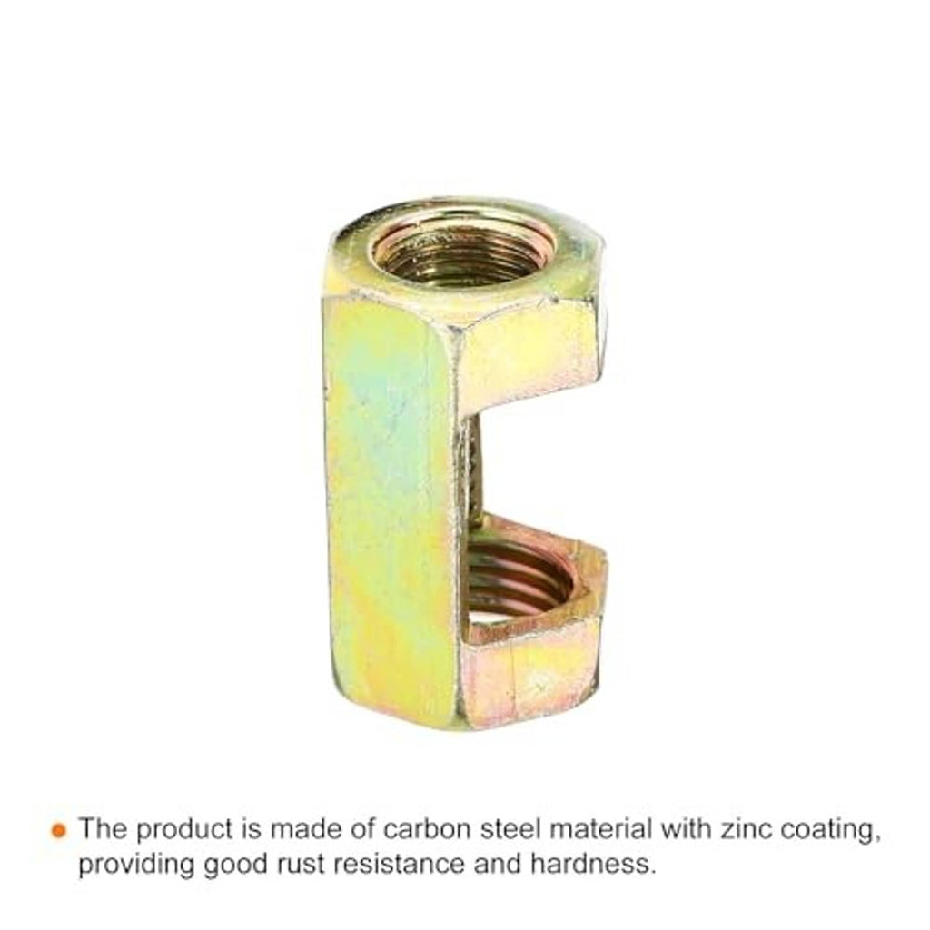 Zinc-coated hex coupling nut with open female thread insert, yellow-gold protective finish