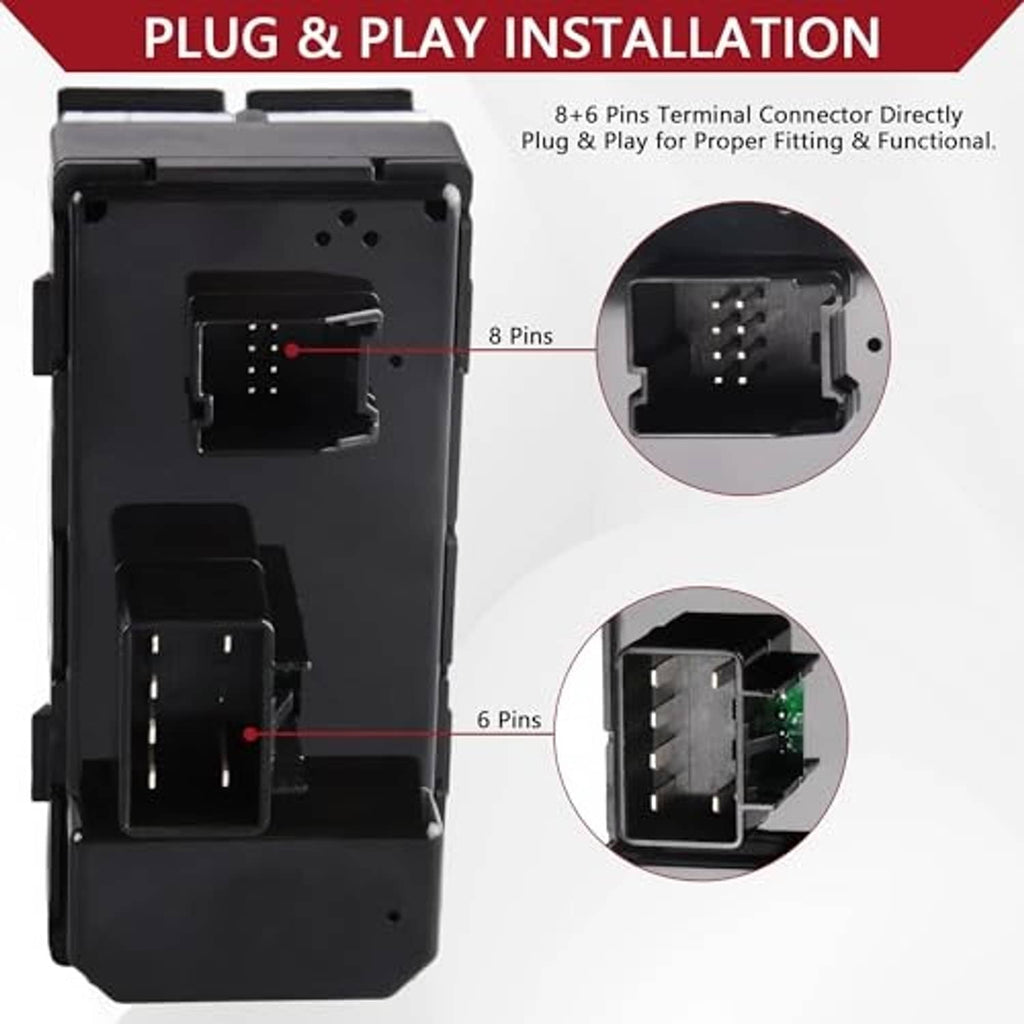 Power master window switch module with 8-pin and 6-pin connector terminals