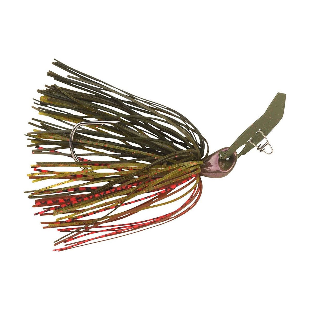 Fishing bladed jig with dark olive skirt, red-and-green speckles, and blade