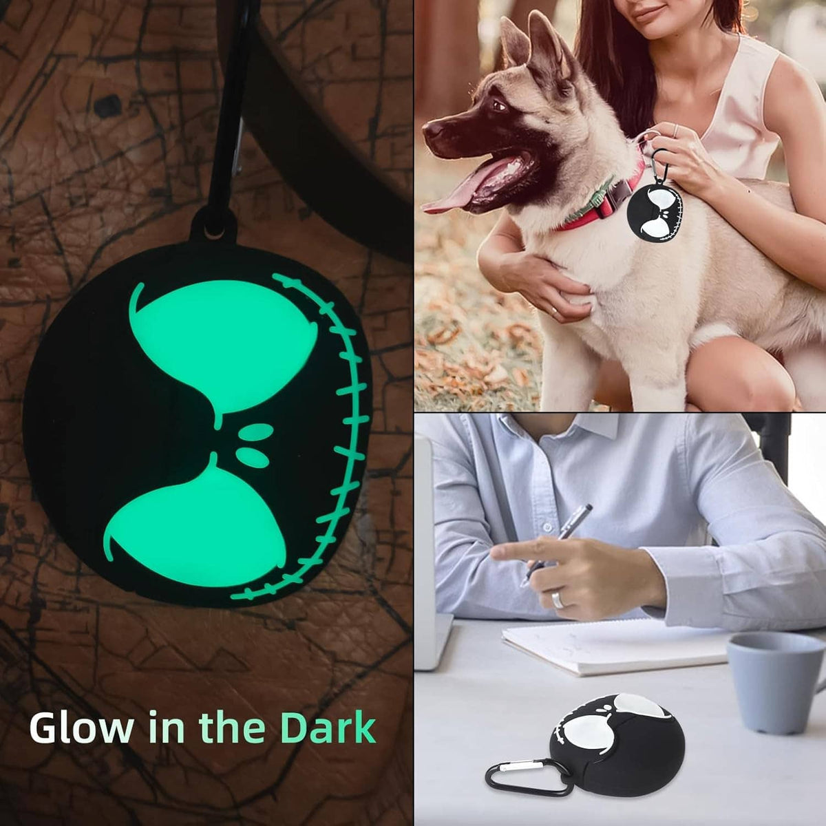 Glowing green earbuds case cover with carabiner style clip, shown with dog