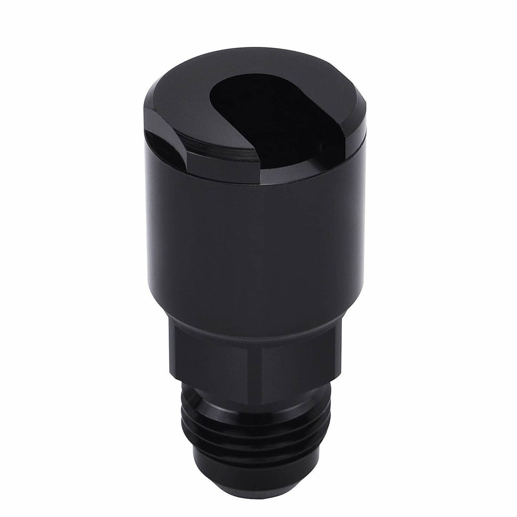 Black fuel adapter fitting with top inlet opening and external AN6 threads