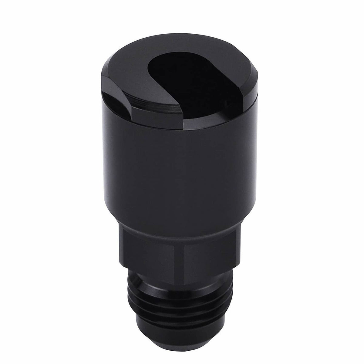 Black fuel adapter fitting with top inlet opening and external AN6 threads