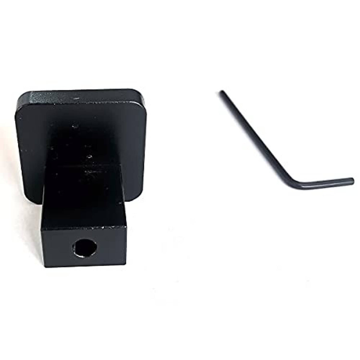Black hood latch release handle piece with mounting hole; includes hex key