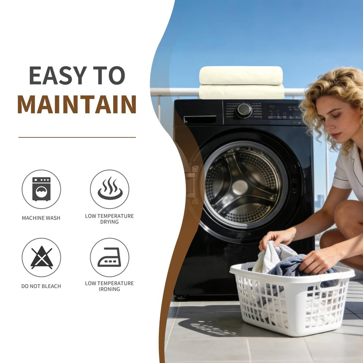 Light yellow fitted sheet care: machine washable, low-temp dry, low-temperature iron, no bleach