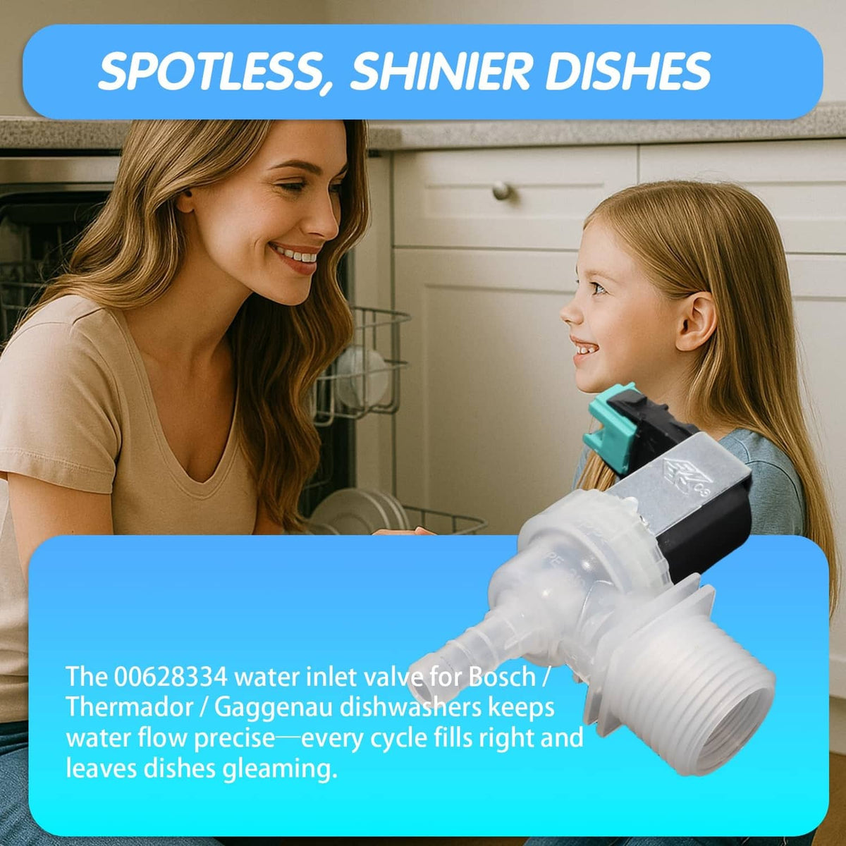 White dishwasher water inlet valve with long spout, teal plug, and black housing