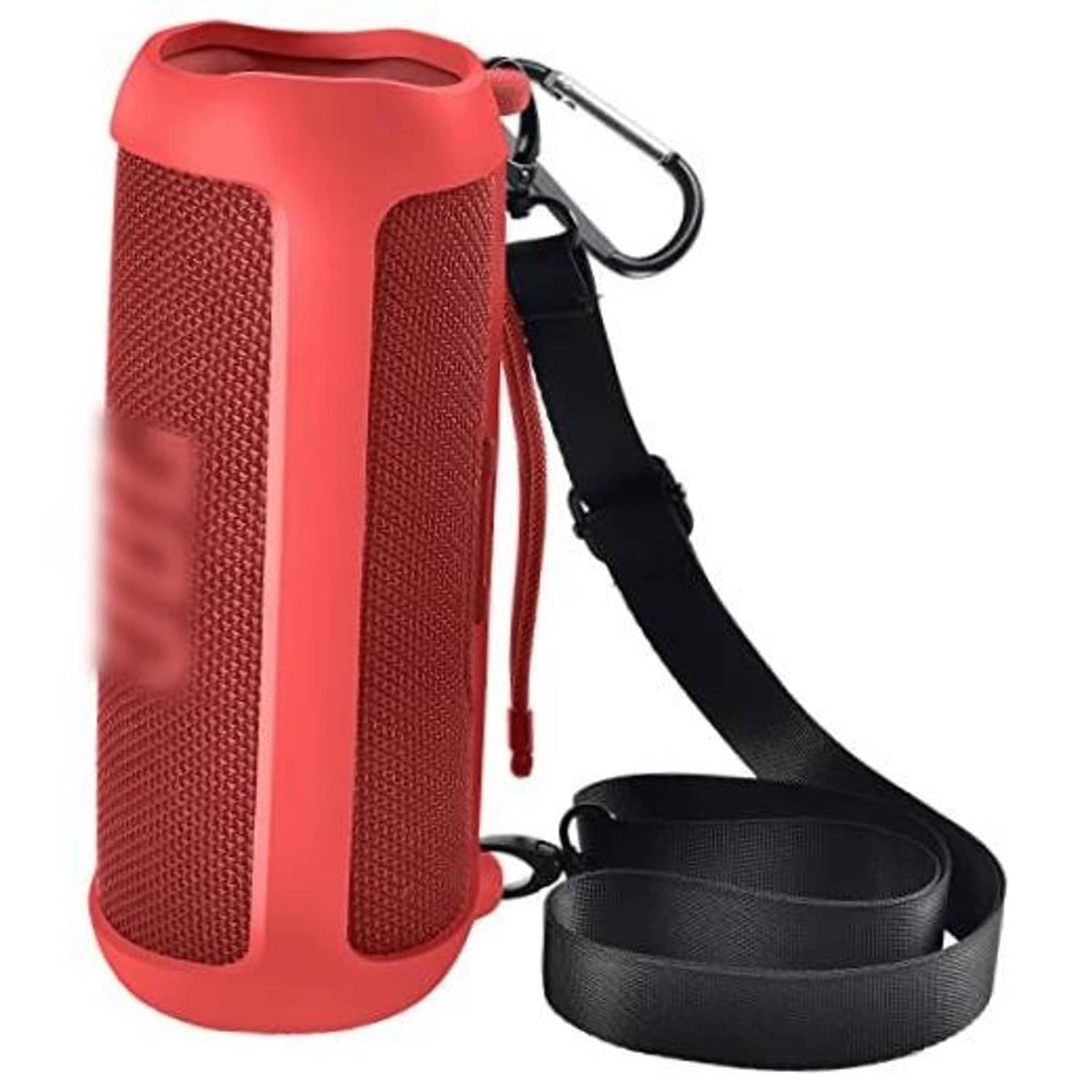 Red silicone speaker case with textured sides and wrist strap, includes carabiner clip