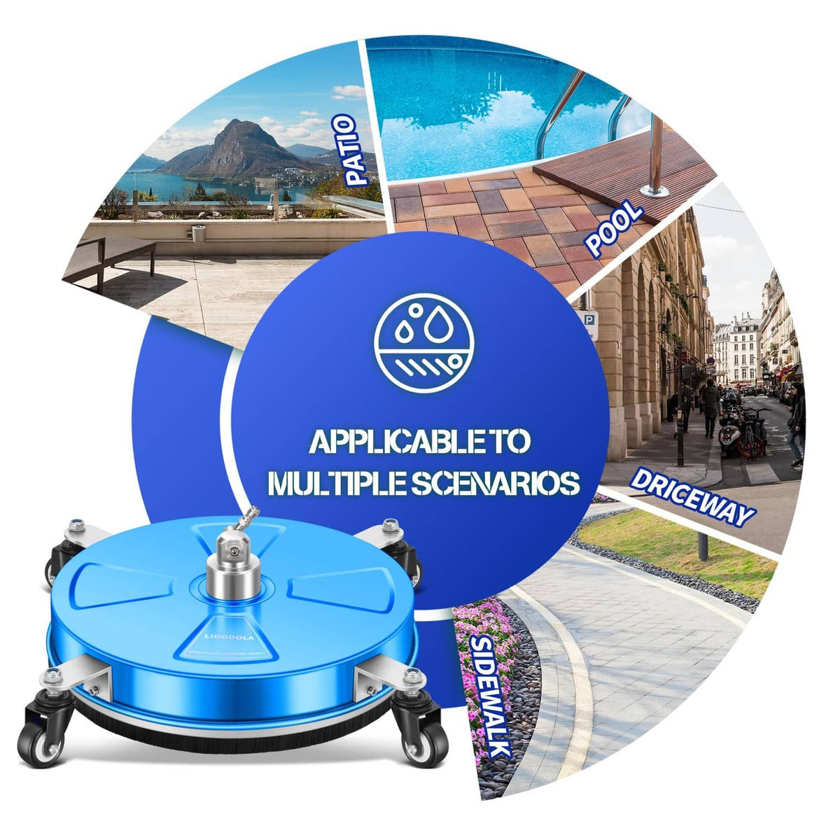 Pressure washer surface cleaner with blue circular head and multi-area water spray coverage