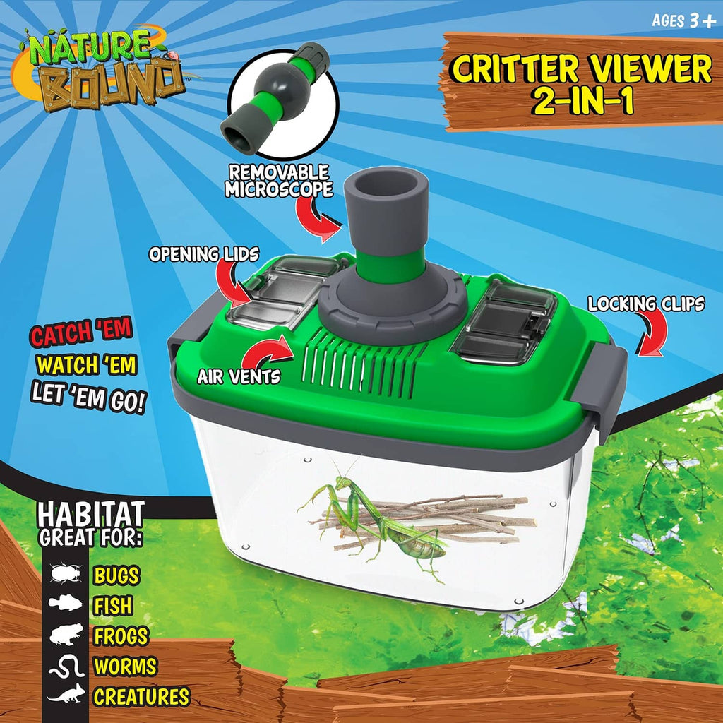 Green critter viewer habitat with removable microscope, locking clips, and air vented base