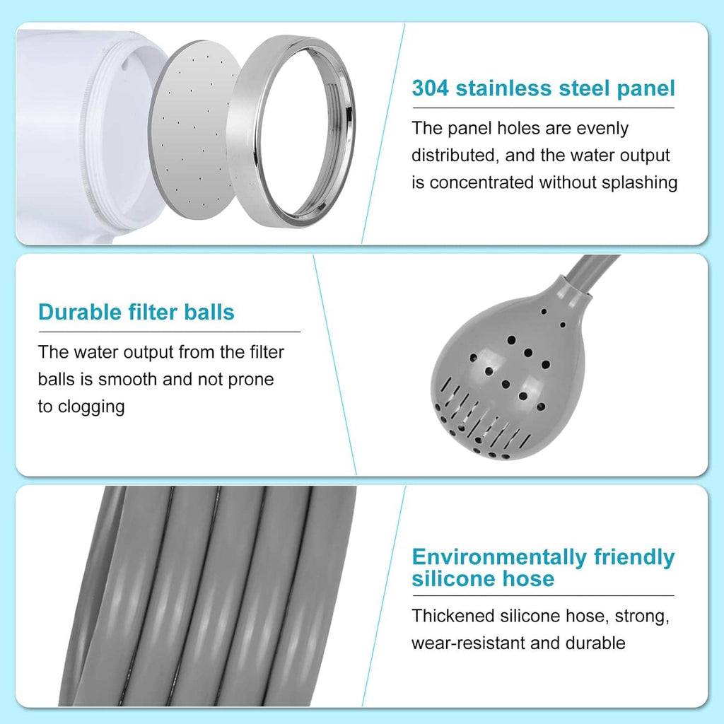 Portable shower head with filter panel, silicone hose, and concentrated water outlets