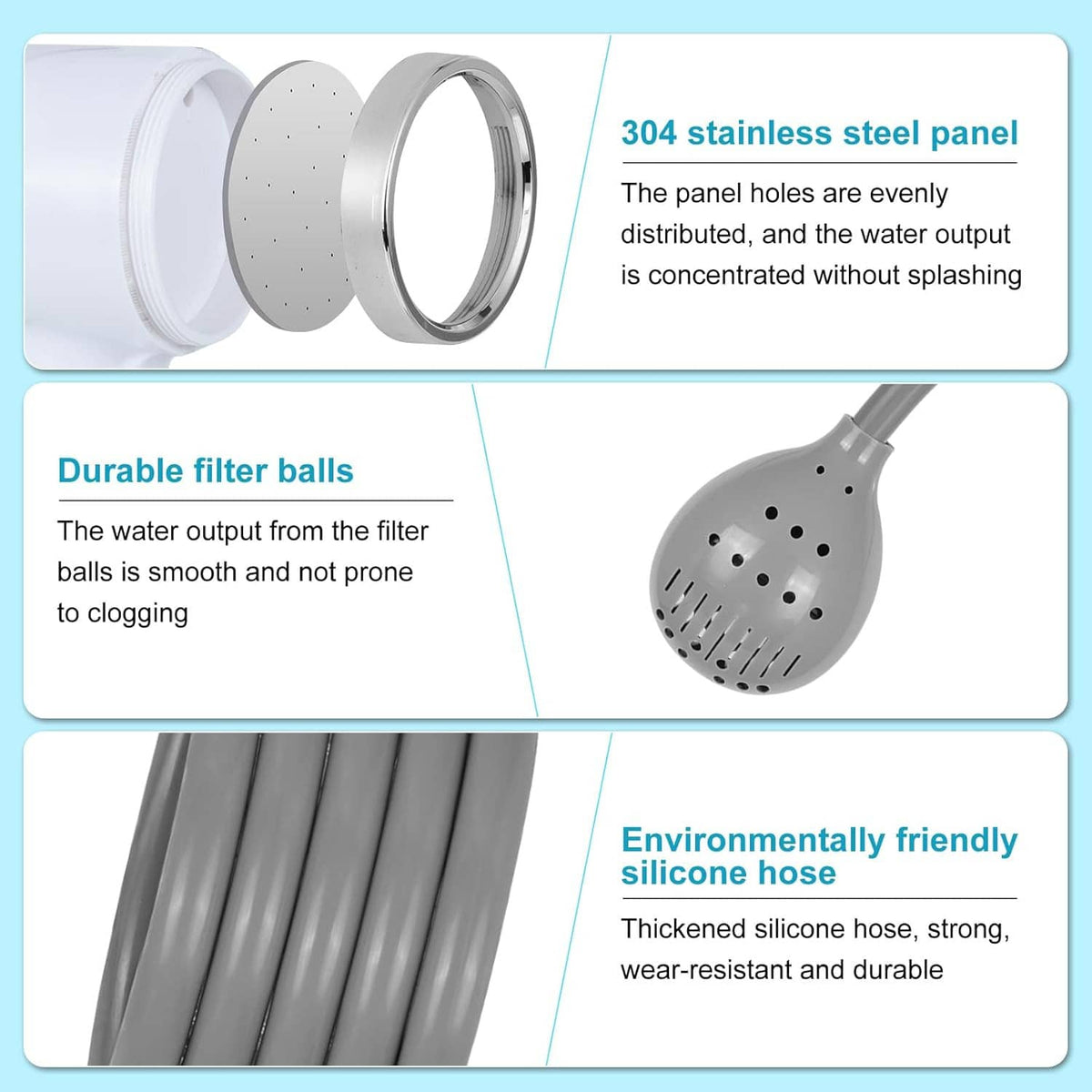 Portable shower head with filter panel, silicone hose, and concentrated water outlets