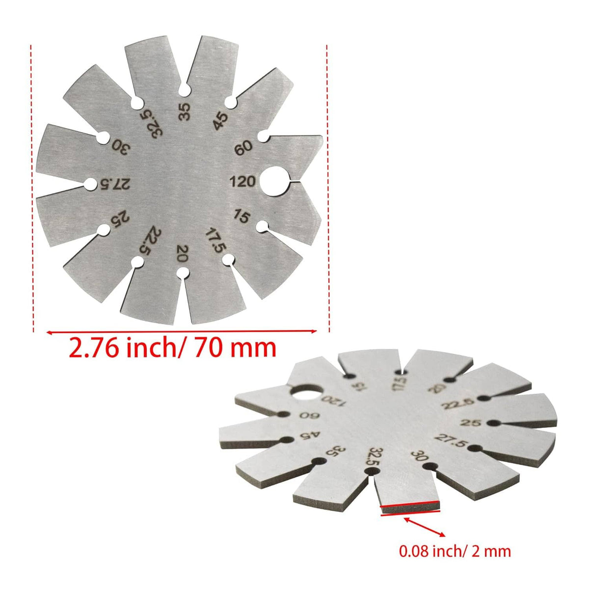 Stainless steel bevel gauge with size labels and measurement marks on the circular disk