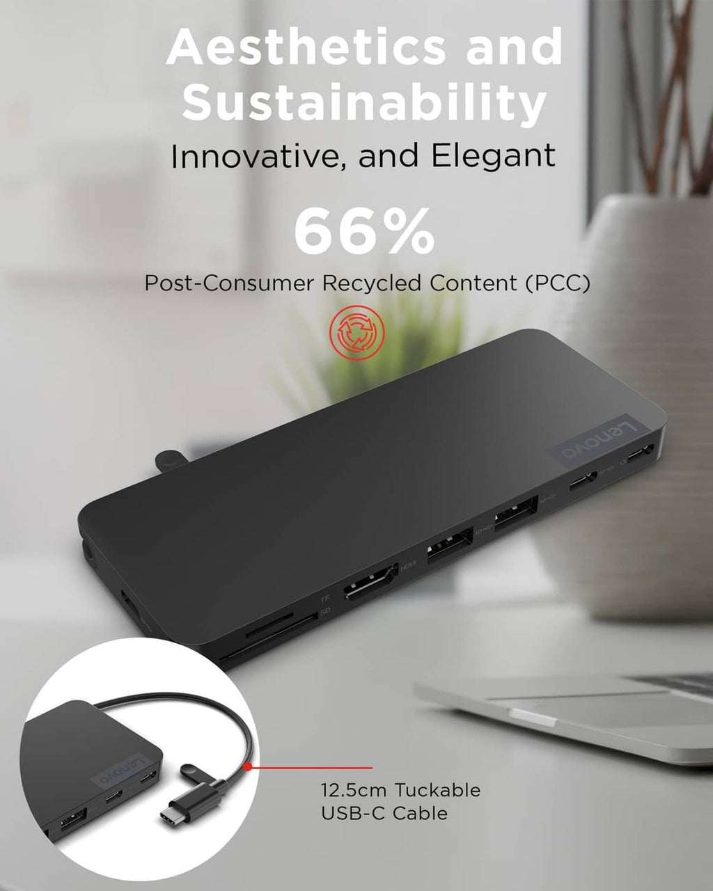 Black slim USB-C travel dock with multiple ports along the edge and cable