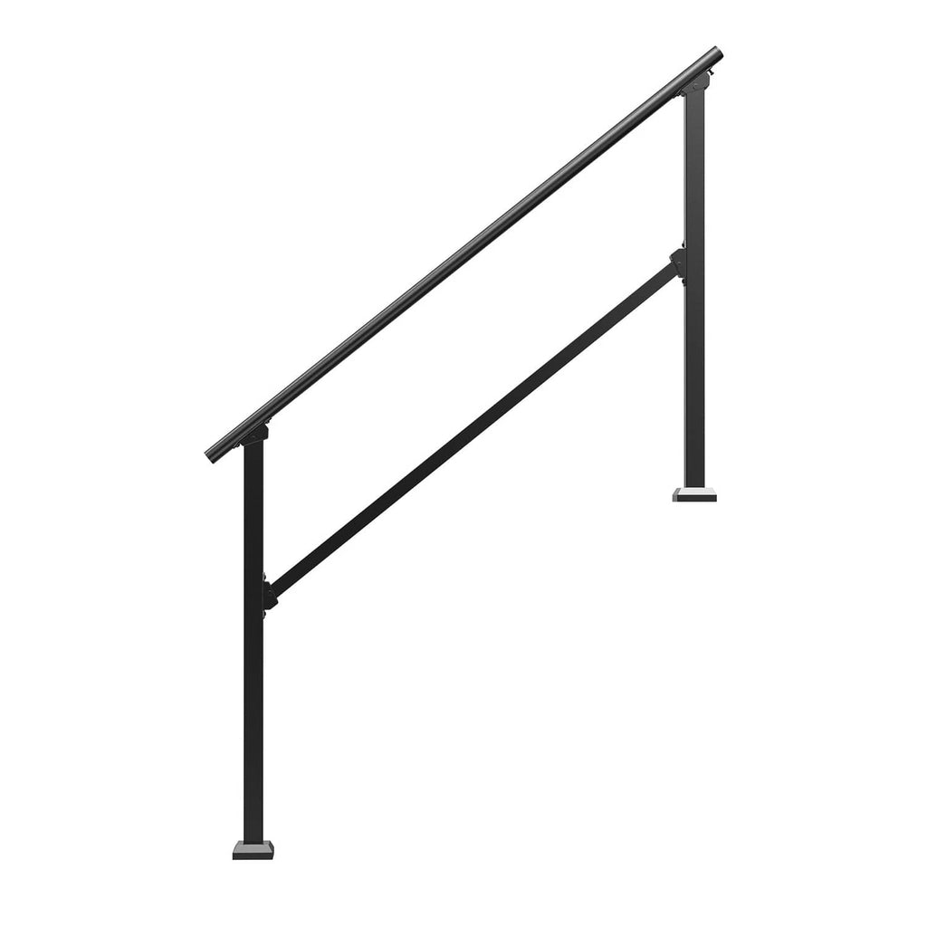 Black carbon steel outdoor stair handrail with diagonal top rail and lower support rail