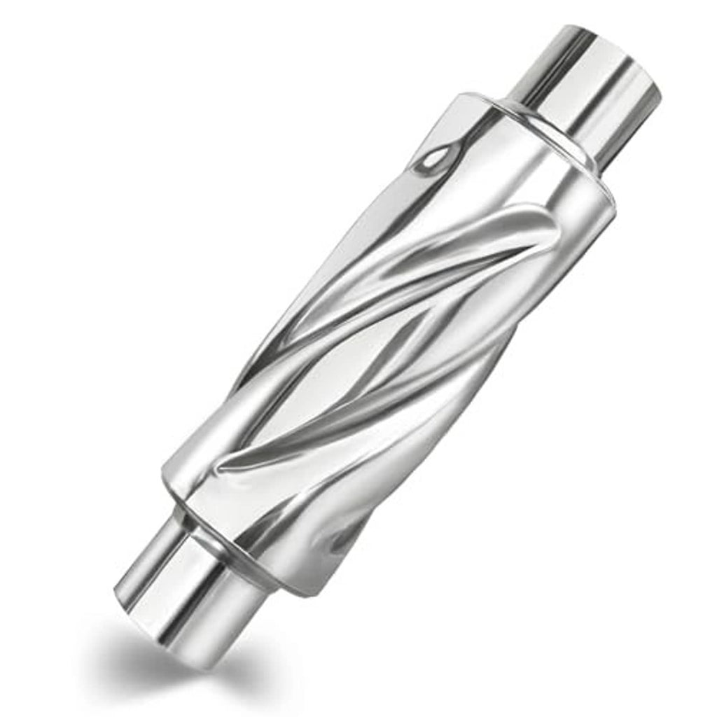 Polished stainless steel muffler with inlet and outlet ports, chrome-like finish