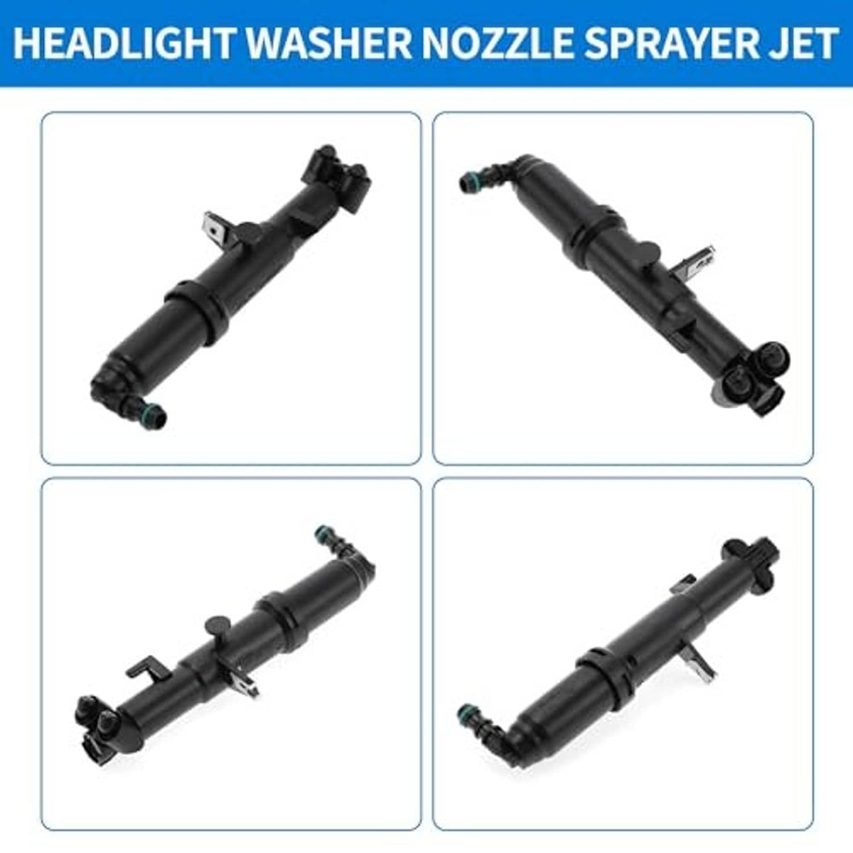 Headlight washer nozzle sprayer multi-view set: black unit with green inlet connector