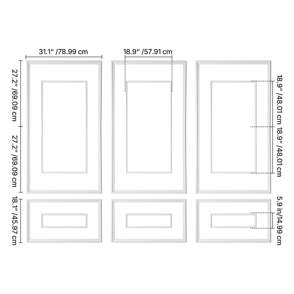 White wall molding kit dimensions diagram for wide and narrow panel frames