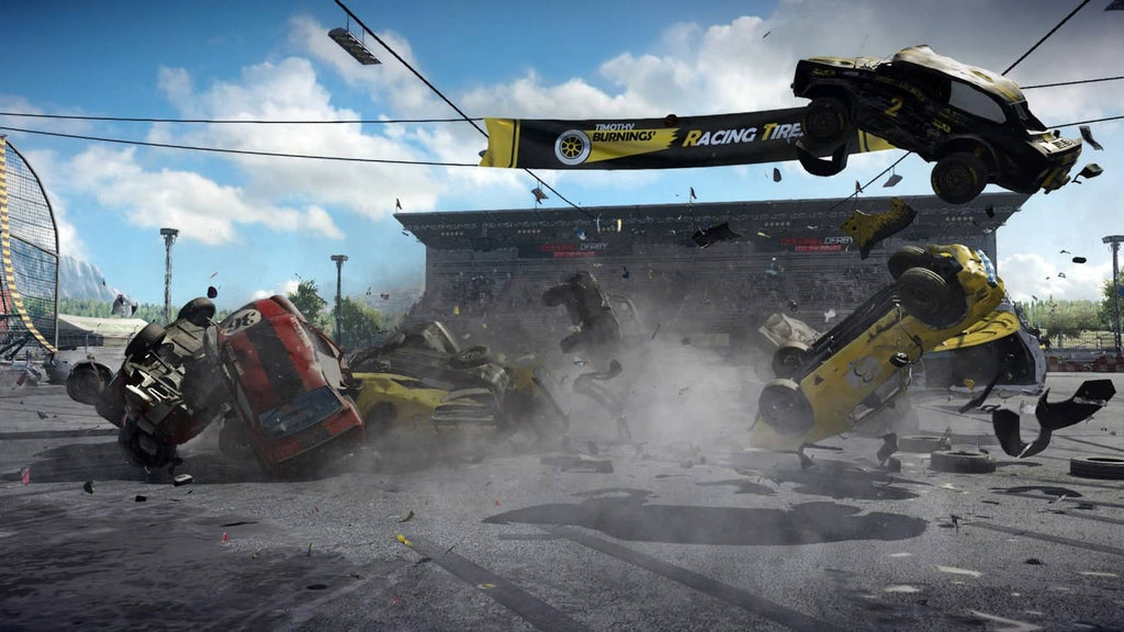 Helicopter hitting cars during a crash at a demolition racing event