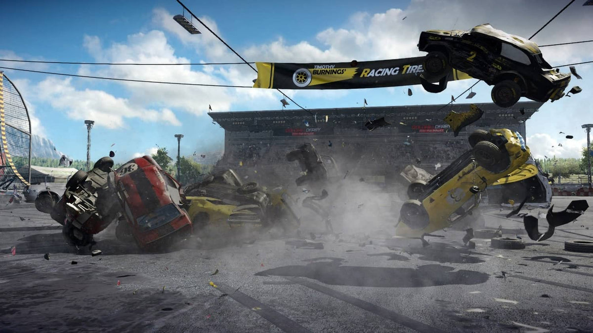 Helicopter hitting cars during a crash at a demolition racing event