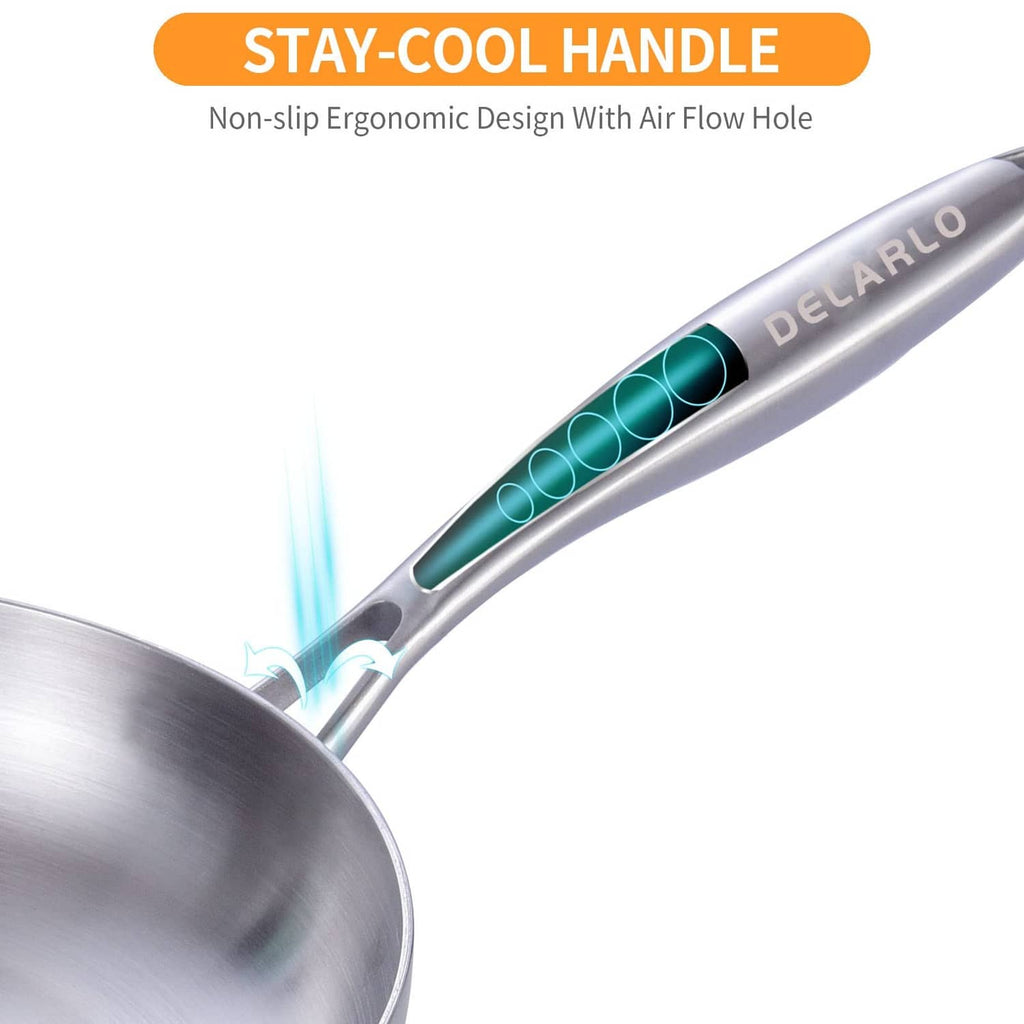 Stainless steel frying pan handle with non-slip grip and air-flow holes