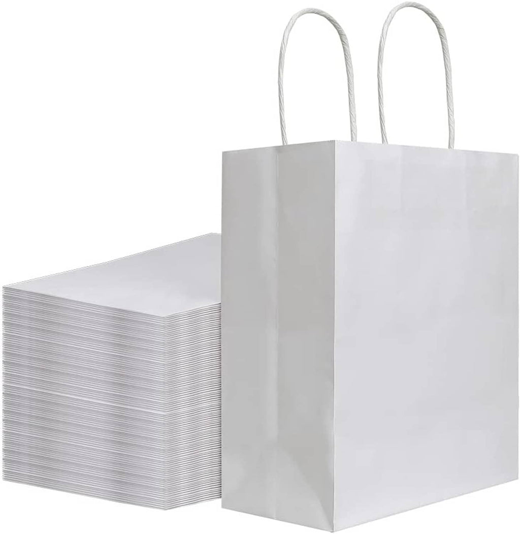 White kraft paper gift bag with two rope handles, shown beside stacked bags
