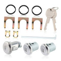 Door lock cylinder set with three lock cylinders, keys, mounting brackets, and rings