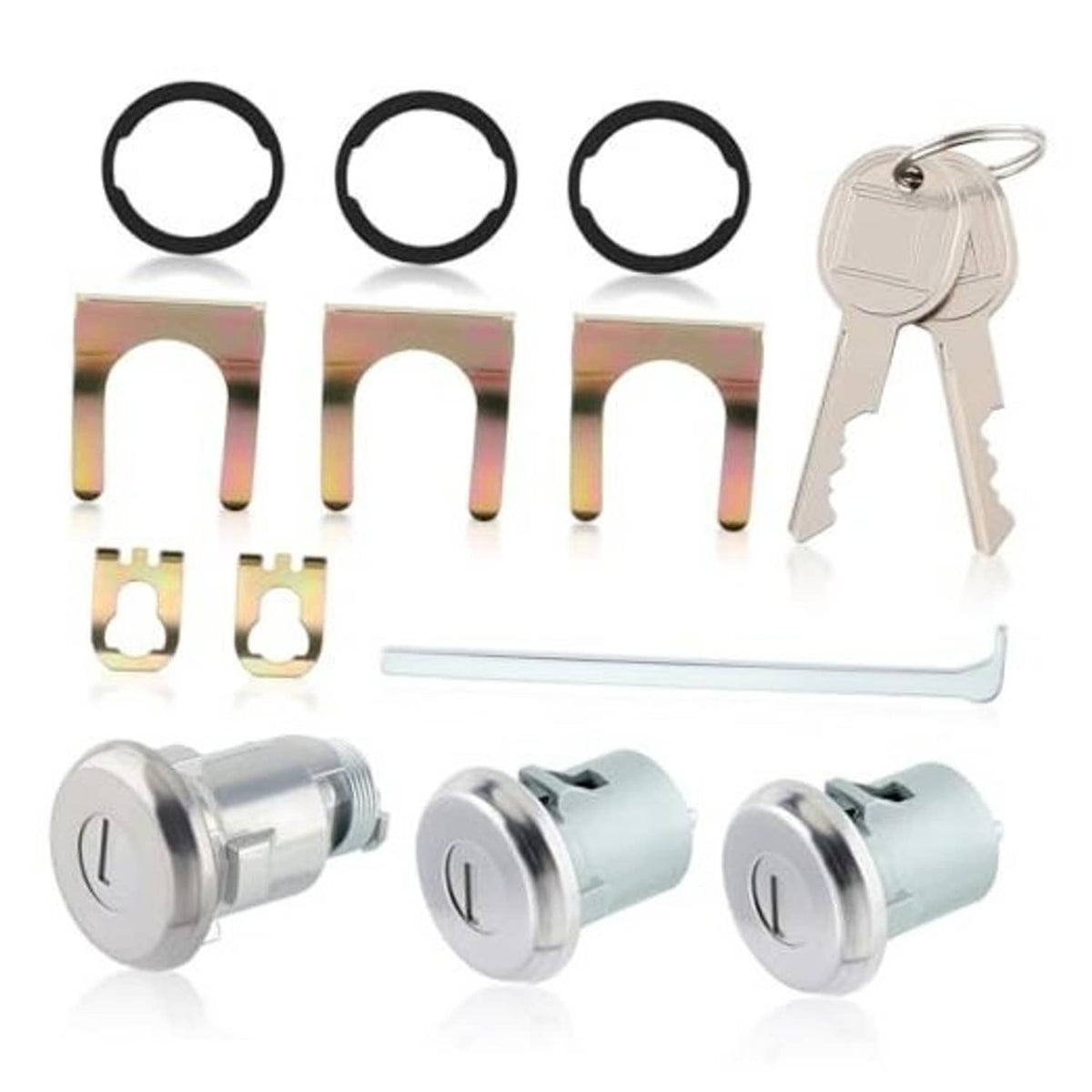 Door lock cylinder set with three lock cylinders, keys, mounting brackets, and rings