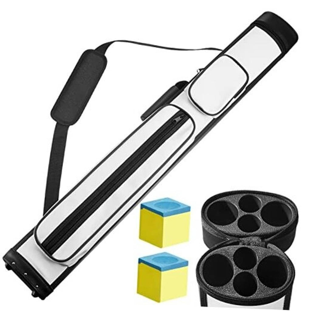 Hard oval pool cue case with black end caps and a white center panel, showing strap