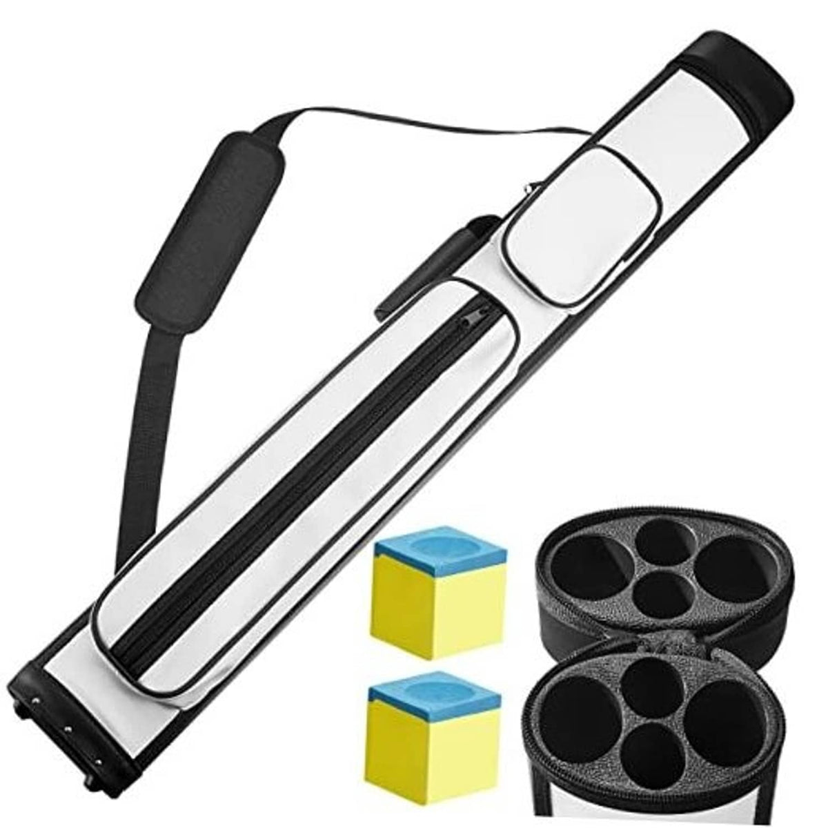 Hard oval pool cue case with black end caps and a white center panel, showing strap