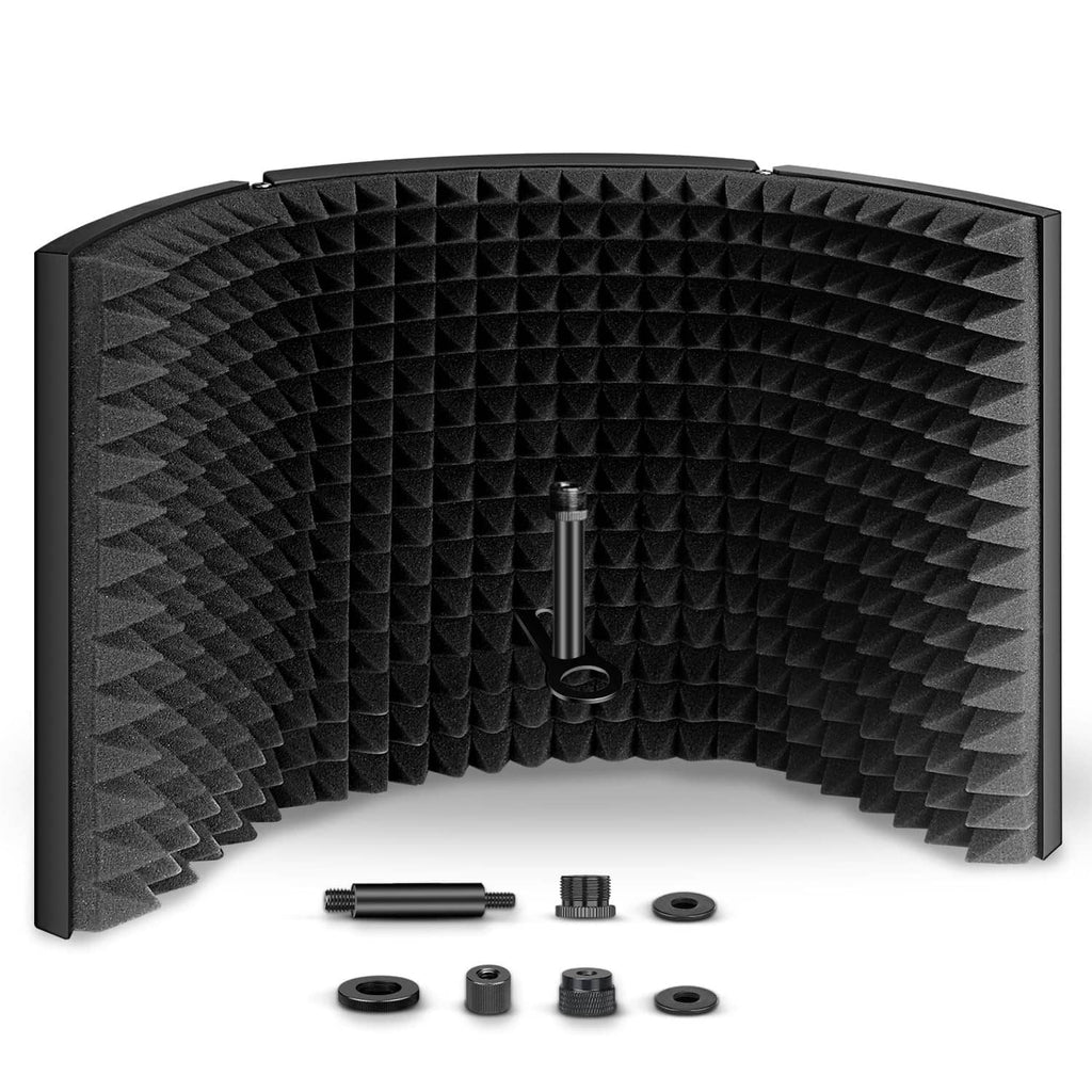 Microphone isolation shield with curved black acoustic foam panels, front opening