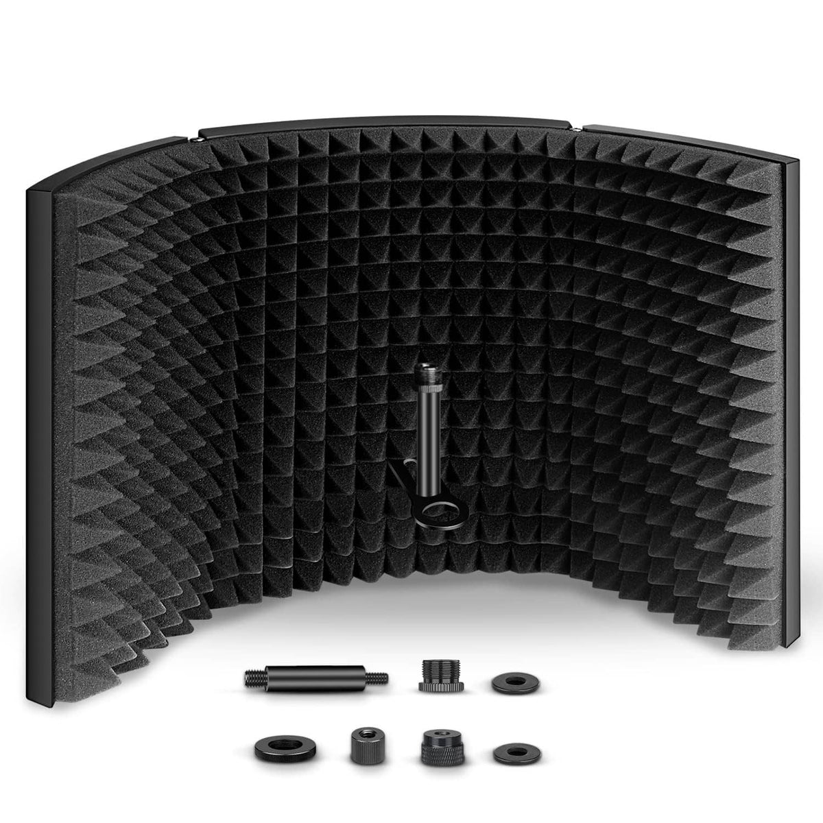Microphone isolation shield with curved black acoustic foam panels, front opening