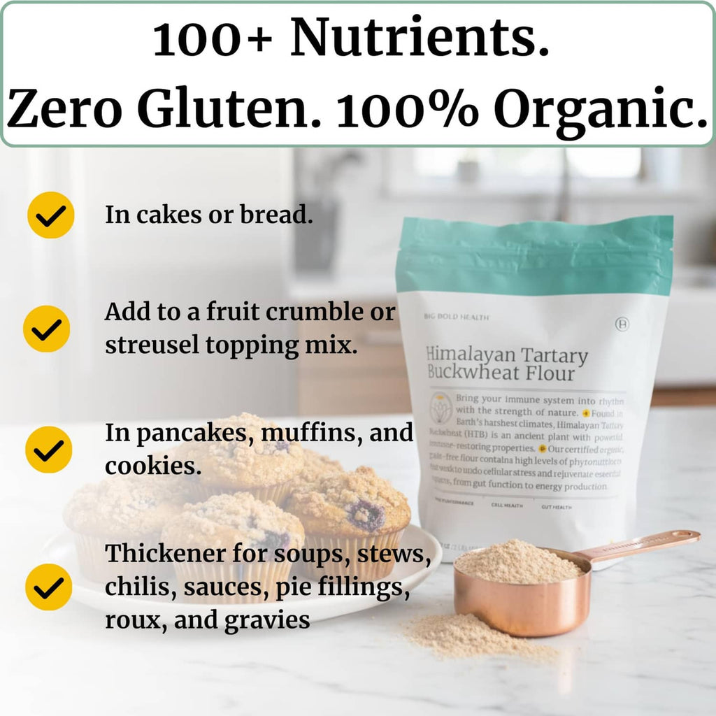 Himalayan Tartary buckwheat flour pouch with copper scoop and flour on counter