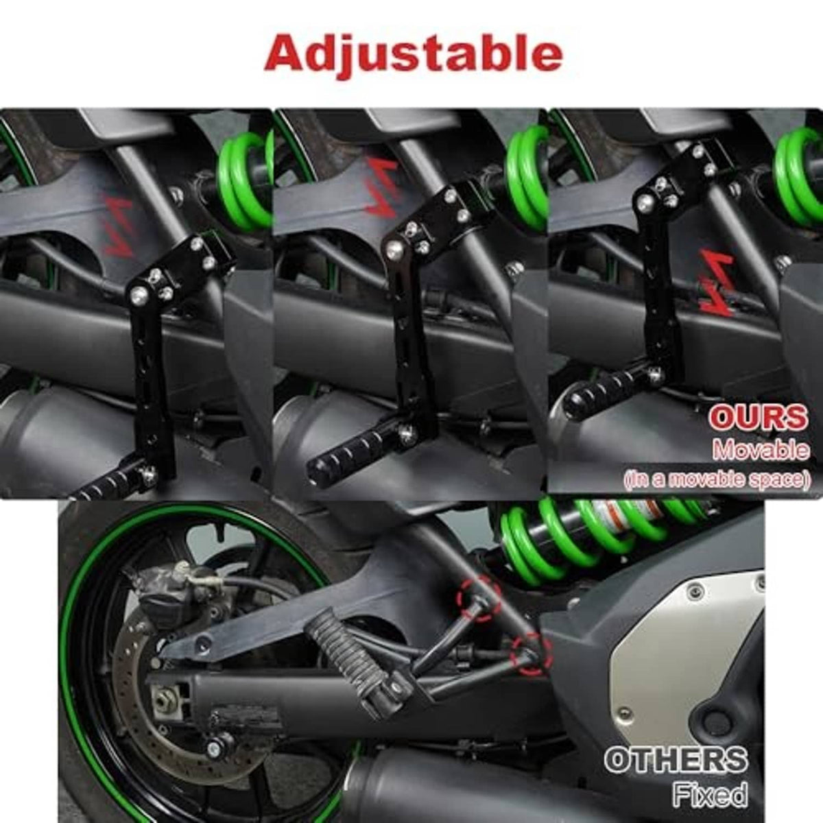 Pair of black adjustable foot pegs with silver bolts and textured rubber grips
