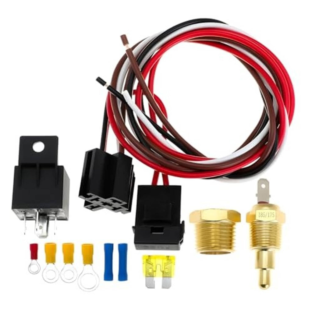 Electric cooling fan relay kit with red wire harness, black relay sockets, and gold adaptors