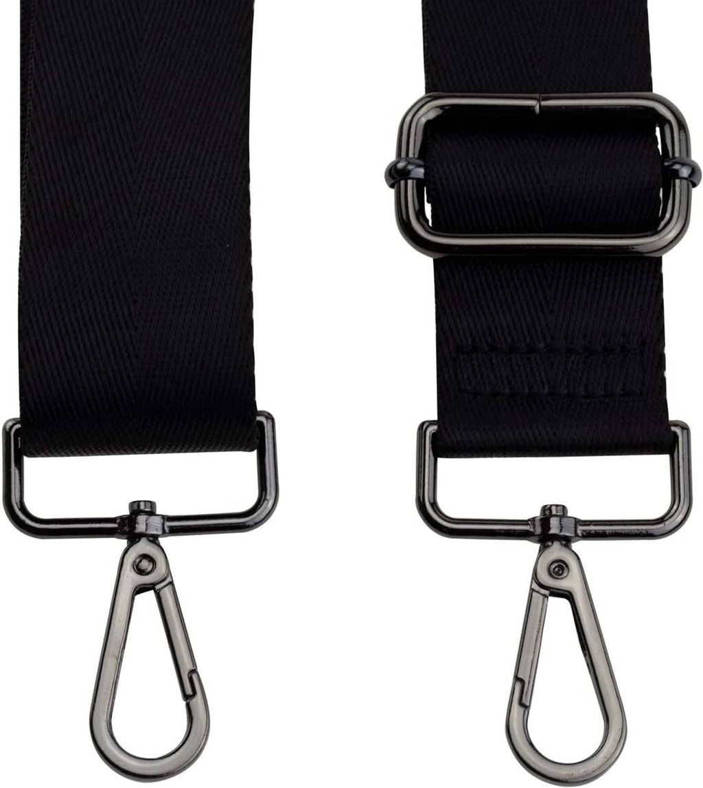 Black wide purse strap ends with adjustable buckle and metal hook clasps