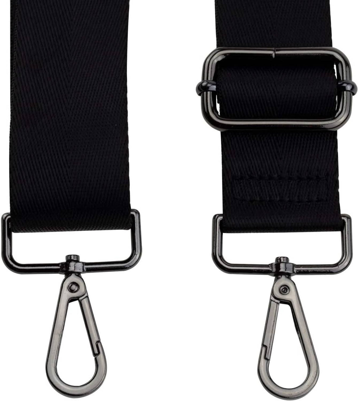 Black wide purse strap ends with adjustable buckle and metal hook clasps