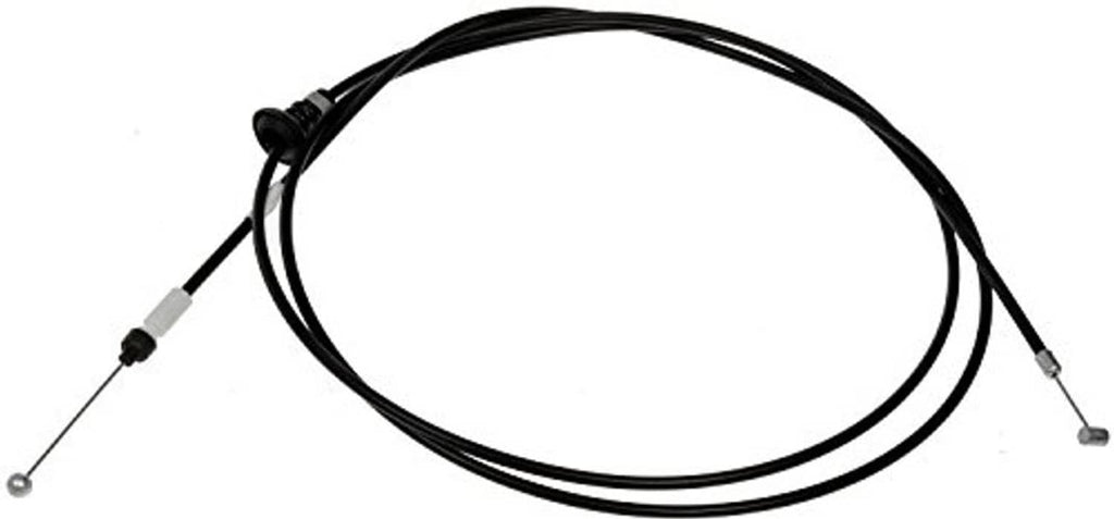 Hood release cable, black outer housing with white connector and metal cable ends.
