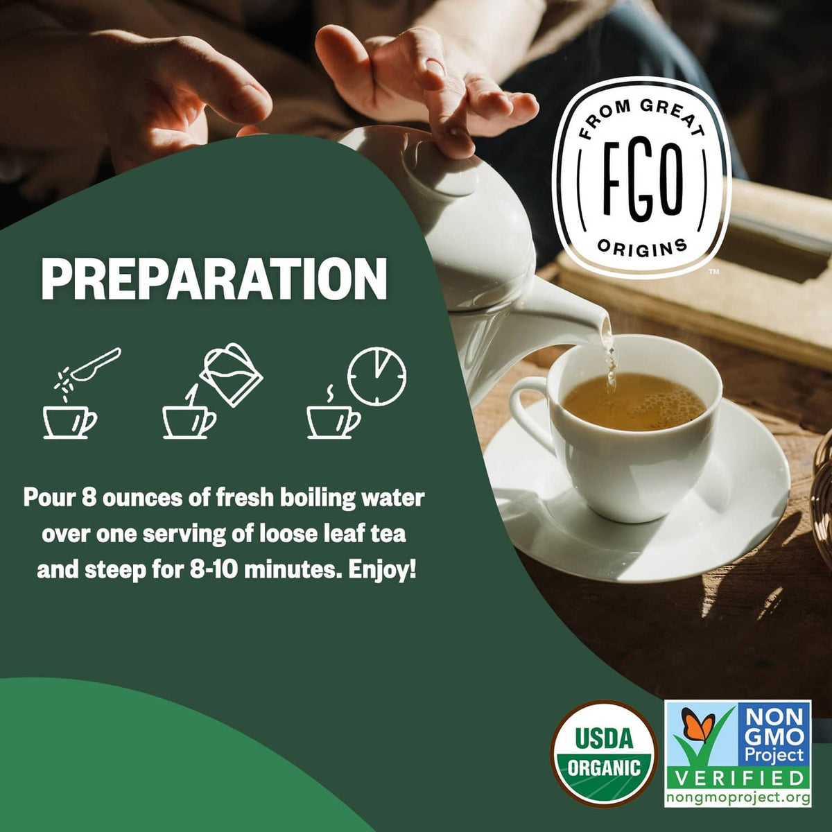 Organic nettle leaf tea pouch with preparation instructions and serving graphics