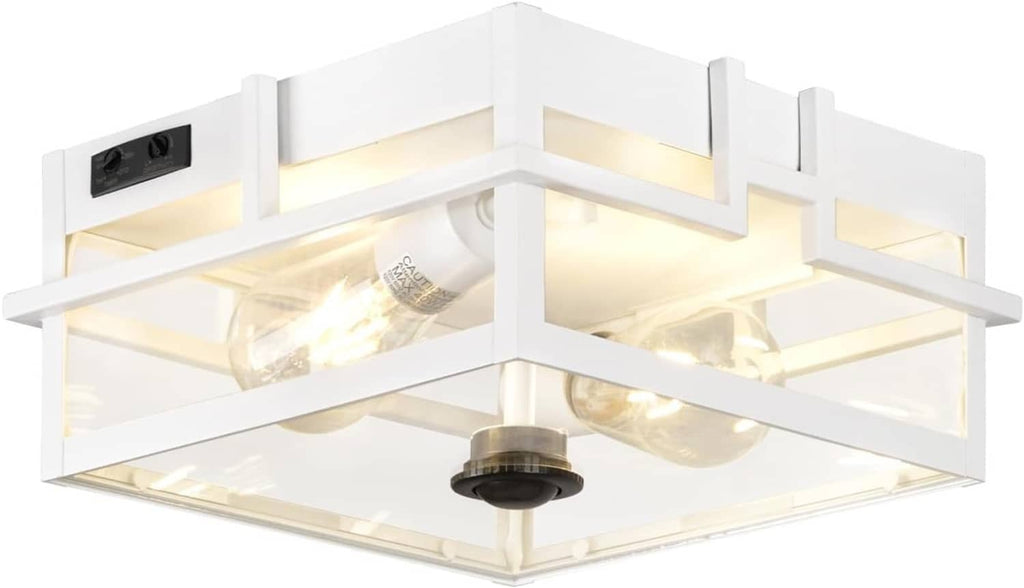 White outdoor motion sensor flush ceiling light with two exposed bulbs and open frame