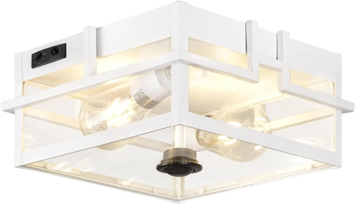 White outdoor motion sensor flush ceiling light with two exposed bulbs and open frame