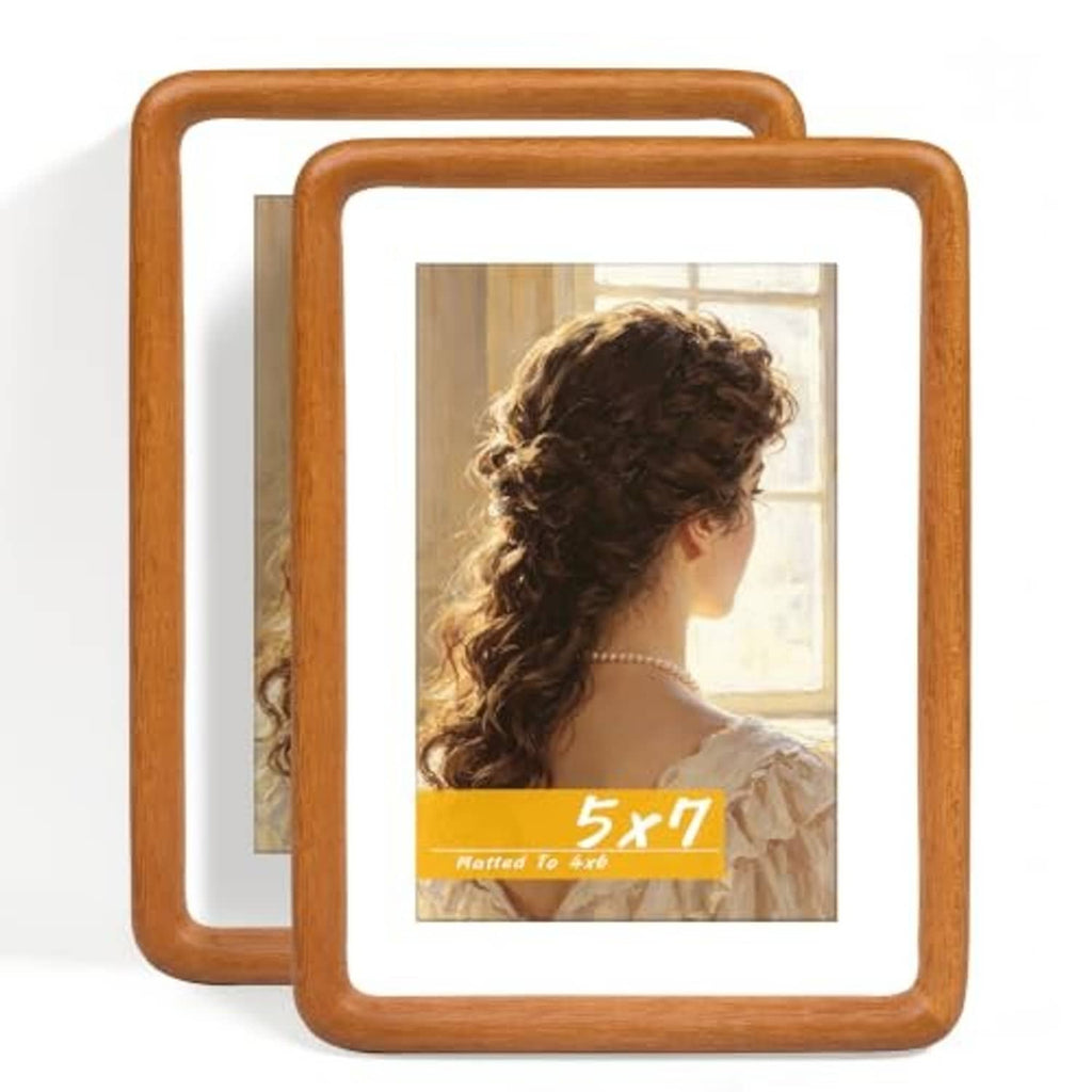 Pair of 5x7 teak wood picture frames, front view with clear glass and rounded border