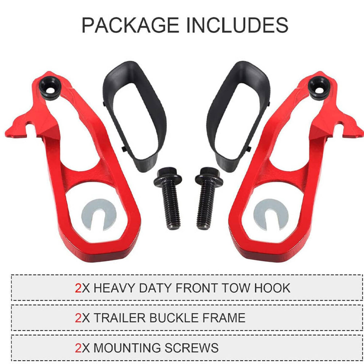 Red tow hook set with black brackets and mounting screws