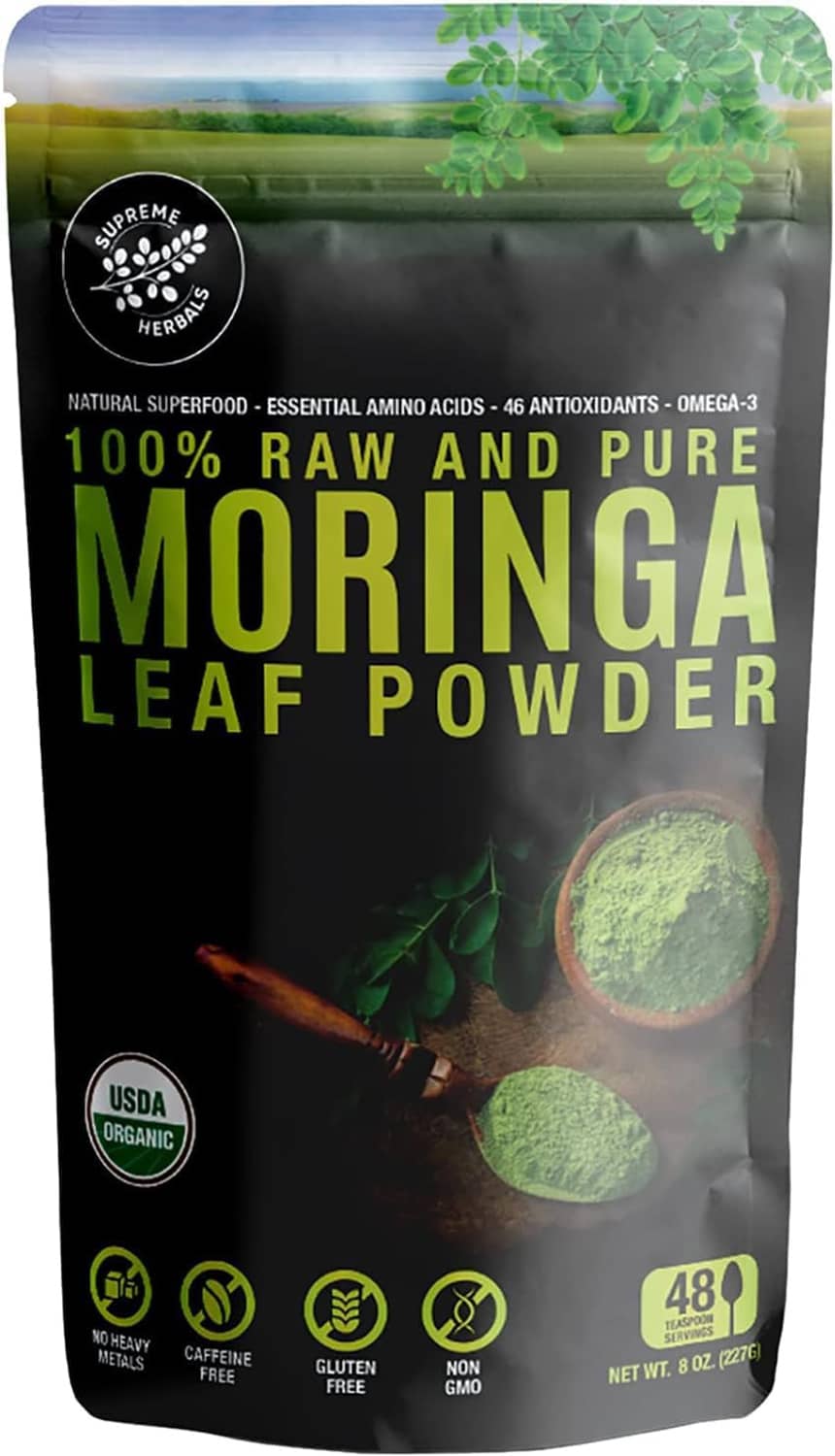 Raw pure moringa leaf powder pouch with USDA Organic badge and green label text