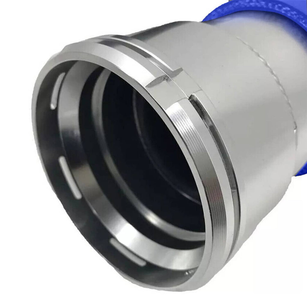 Polished metal intercooler pipe with blue silicone coupler and clamp rings