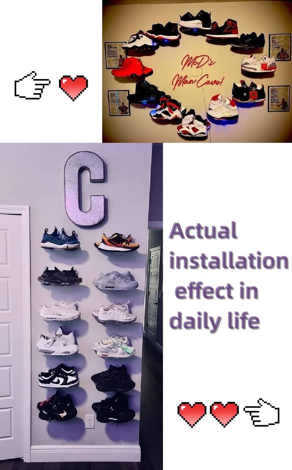 Clear floating shoe shelves mounted on a wall, displaying multiple shoes