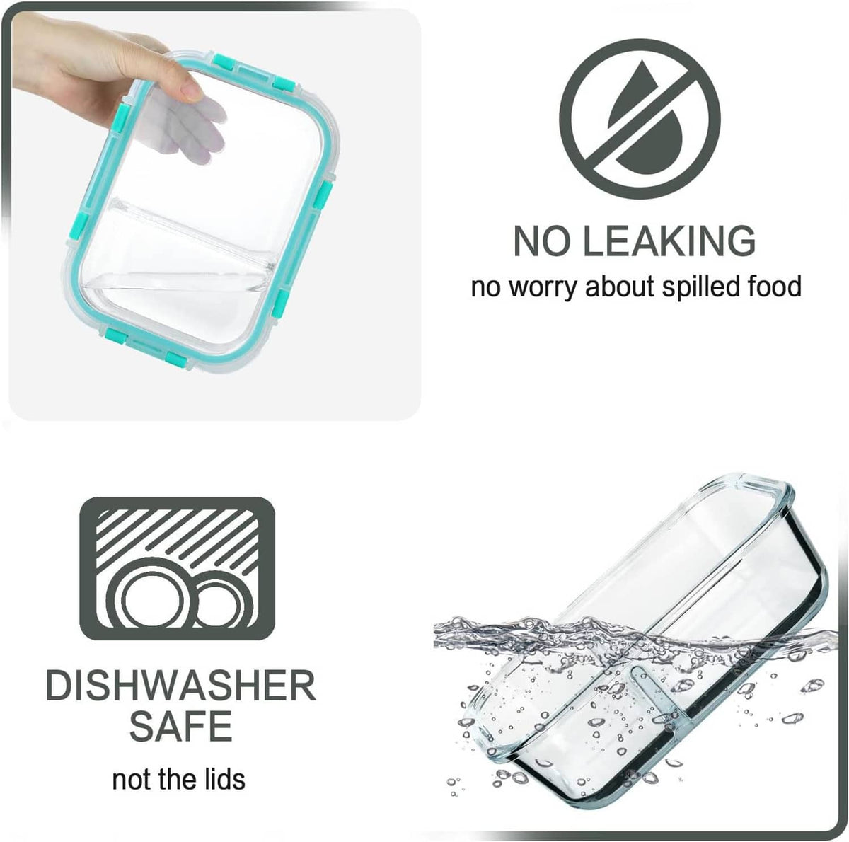 Clear glass 2-compartment bento container with teal lid, leak-seal design