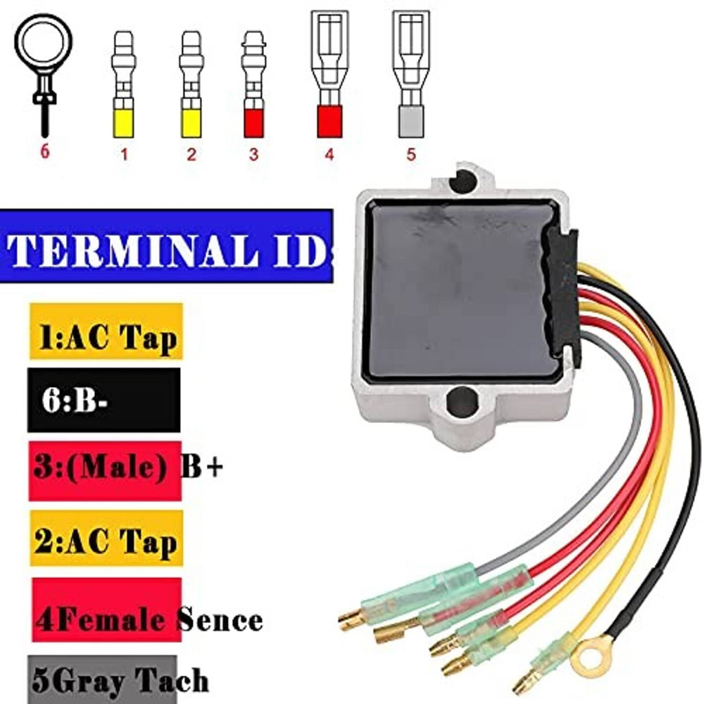 Terminal-labeled voltage regulator rectifier with multi-color wiring and mounting holes