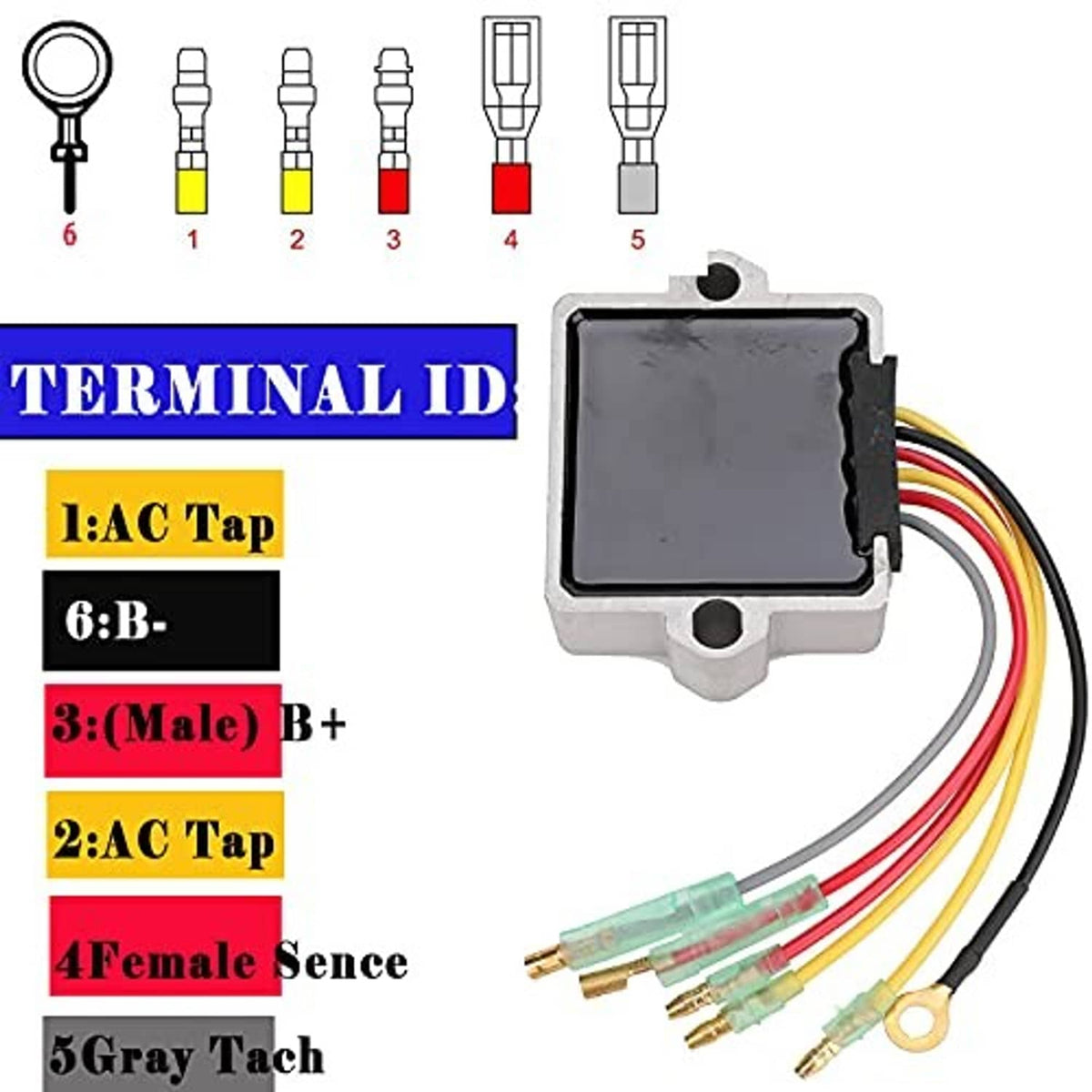 Terminal-labeled voltage regulator rectifier with multi-color wiring and mounting holes